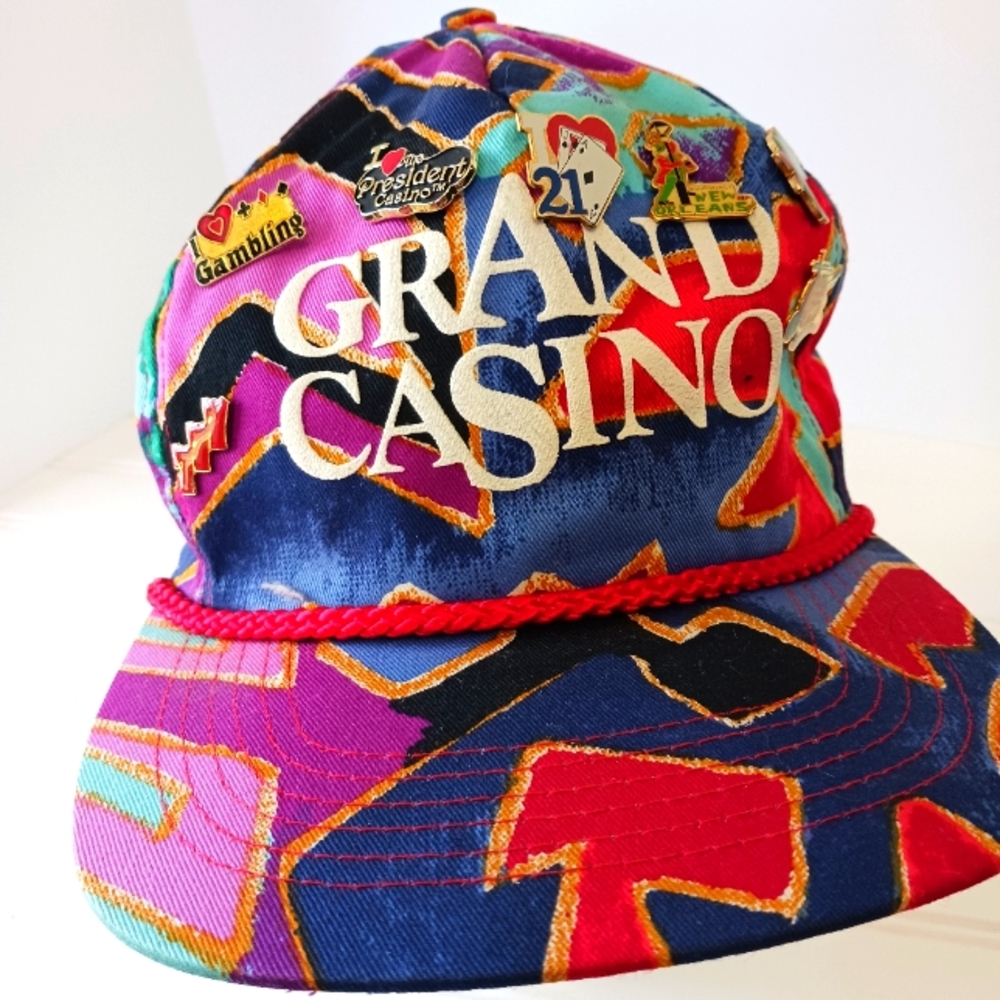 Vtg Grand Casino Hat Cap Snapback With 7 Vtg Pins New Orleans Gambling